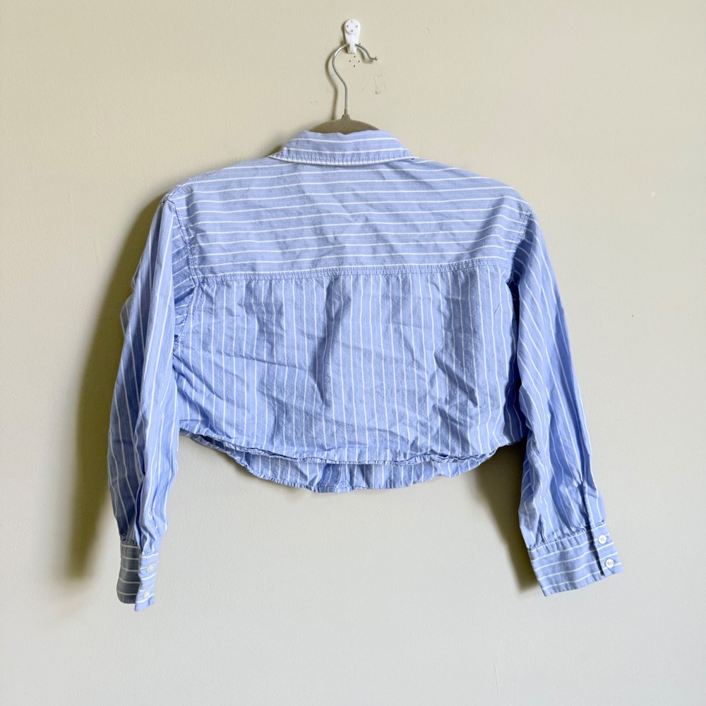 Zara Girls Blue White Striped Cropped Button Up Shirt Love Heart Patch Sz 11-12 - Picture 3 of 3